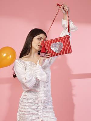 red multi cotton canvas sling bag with jacquard heart 10