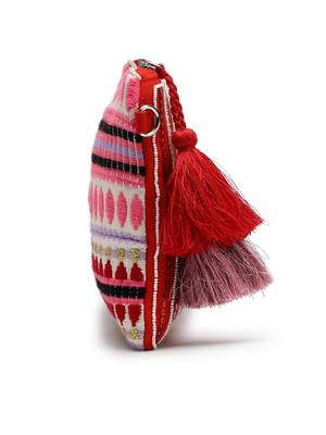 red multi cotton canvas sling bag with jacquard heart 11