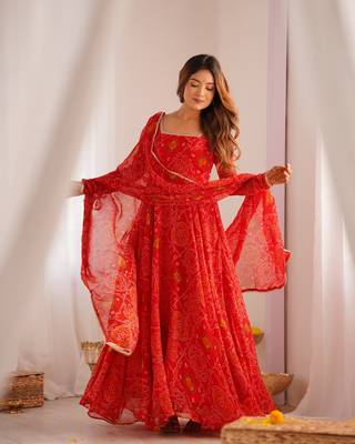 Designer Pure Soft Lightweight Chiffon Bandhej Fully Flair Gown, With Dupatta Pent 1