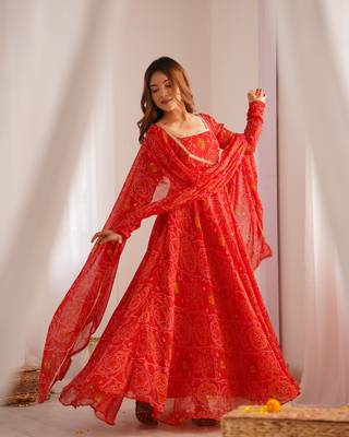 Designer Pure Soft Lightweight Chiffon Bandhej Fully Flair Gown, With Dupatta Pent 3