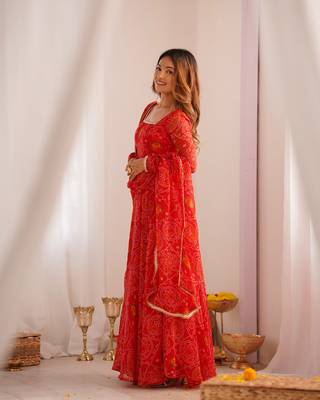 Designer Pure Soft Lightweight Chiffon Bandhej Fully Flair Gown, With Dupatta Pent 4