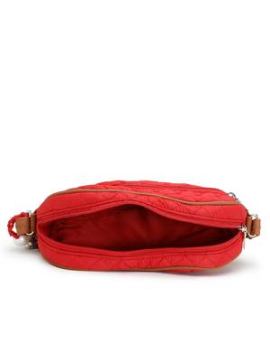 red tan polyester sling bag with chevron quilting 7