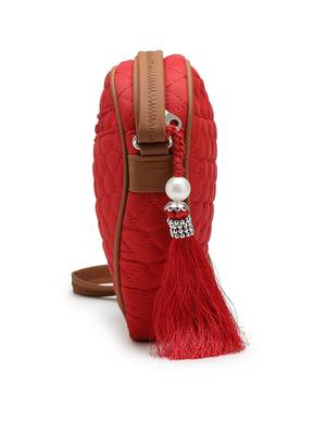 red tan polyester sling bag with chevron quilting 11