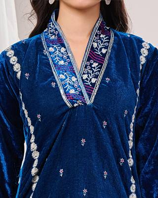 Navy blue velvet suit set 3
