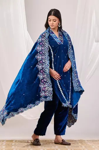 Navy blue velvet suit set
