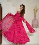 Designer Pure Soft Lightweight Chiffon Bandhej Fully Flair Gown, With Dupatta Pent