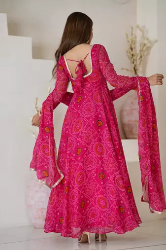 Designer Pure Soft Lightweight Chiffon Bandhej Fully Flair Gown, With Dupatta Pent