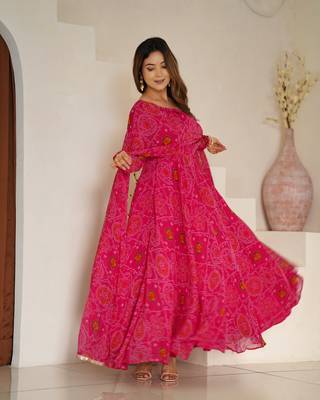 Designer Pure Soft Lightweight Chiffon Bandhej Fully Flair Gown, With Dupatta Pent 5