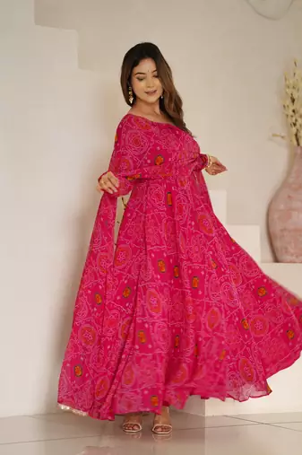 Designer Pure Soft Lightweight Chiffon Bandhej Fully Flair Gown, With Dupatta Pent