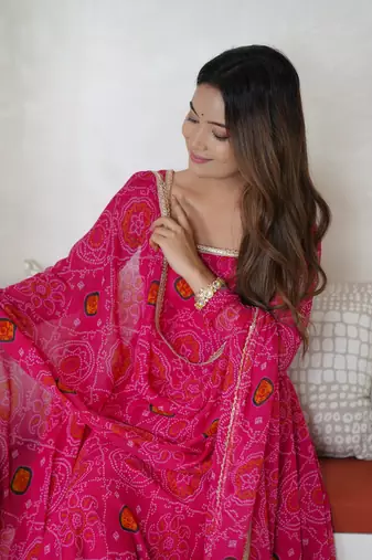 Designer Pure Soft Lightweight Chiffon Bandhej Fully Flair Gown, With Dupatta Pent