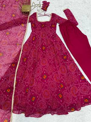 Designer Pure Soft Lightweight Chiffon Bandhej Fully Flair Gown, With Dupatta Pent 7