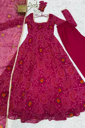 Designer Pure Soft Lightweight Chiffon Bandhej Fully Flair Gown, With Dupatta Pent
