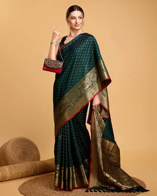 Women Green Kanjivaram Style Saree And Zari Work Rich Pallu Saree With Blouse For Women 1