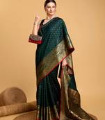 Women Green Kanjivaram Style Saree And Zari Work Rich Pallu Saree With Blouse For Women