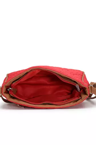 red tan polyester vegan leather sling bag