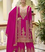 Pink emboridery, secquins chinon straight palazzo suit - free size stitched(Size upto 42")