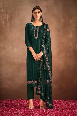 Green emboridery, secquinse chinon straight pant suit -(Size upto 42") 1