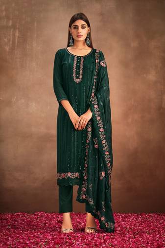 Green emboridery, secquinse chinon straight pant suit -(Size upto 42")