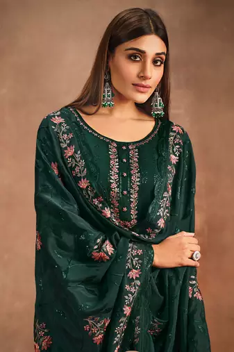 Green emboridery, secquinse chinon straight pant suit -(Size upto 42")