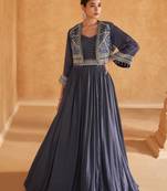 Blue emboridery secquins chinon silk gown with jacket suit -free size stitched(Size upto 42")