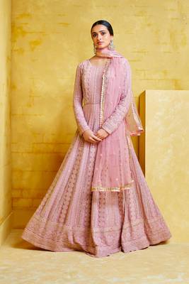 Pink emboridery zari dimond georgette anarkali churidar suit -semi stitched 1