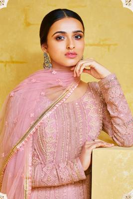 Pink emboridery zari dimond georgette anarkali churidar suit -semi stitched 2