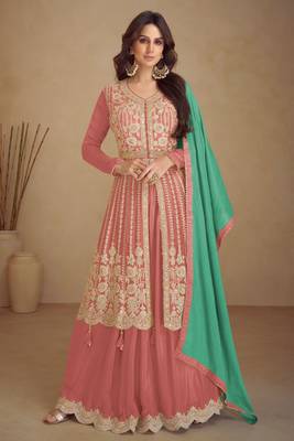 Rose gold emboridery secquins work chinon anarkali palazzo - free size stitched(Size upto 42") 1