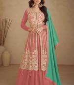 Rose gold emboridery secquins work chinon anarkali palazzo - free size stitched(Size upto 42")