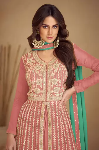 Rose gold emboridery secquins work chinon anarkali palazzo - free size stitched(Size upto 42")