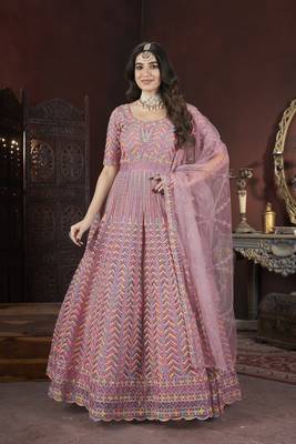 Peach thread embroidered work with zarkan net anarkali salwar suit palazzo with dupatta fstive stitched long gown 1