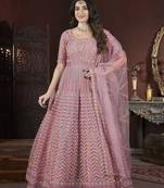 Peach thread embroidered work with zarkan net anarkali salwar suit palazzo with dupatta fstive stitched long gown