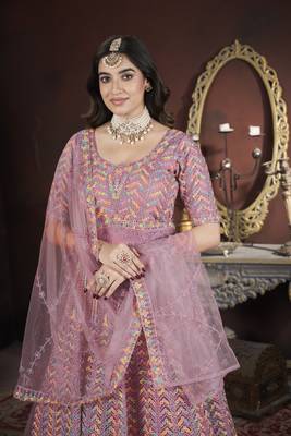 Peach thread embroidered work with zarkan net anarkali salwar suit palazzo with dupatta fstive stitched long gown 3