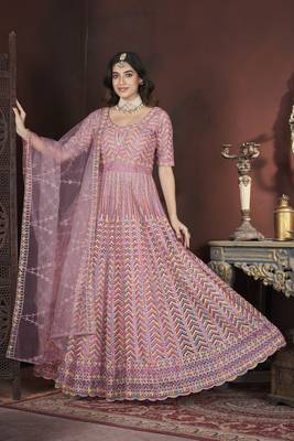 Peach thread embroidered work with zarkan net anarkali salwar suit palazzo with dupatta fstive stitched long gown 4