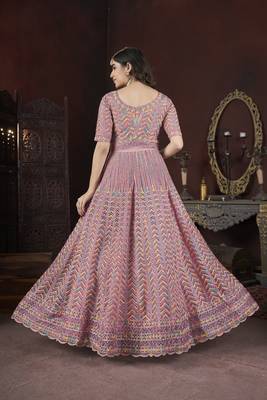 Peach thread embroidered work with zarkan net anarkali salwar suit palazzo with dupatta fstive stitched long gown 5