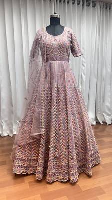 Peach thread embroidered work with zarkan net anarkali salwar suit palazzo with dupatta fstive stitched long gown 6