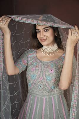 Light green thread embroidered work with zarkan net anarkali salwar suit palazzo with dupatta fstive stitched long gown 3
