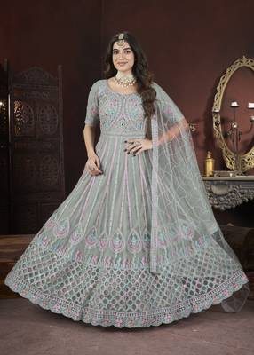Light green thread embroidered work with zarkan net anarkali salwar suit palazzo with dupatta fstive stitched long gown 4