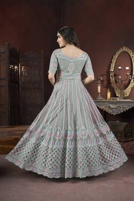 Light green thread embroidered work with zarkan net anarkali salwar suit palazzo with dupatta fstive stitched long gown 5