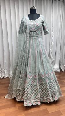 Light green thread embroidered work with zarkan net anarkali salwar suit palazzo with dupatta fstive stitched long gown 6