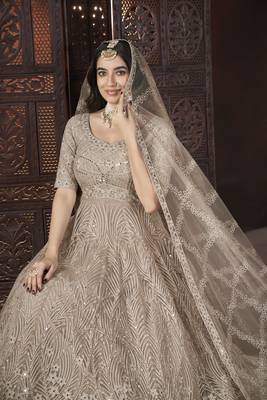 Beige thread embroidered work with zarkan net anarkali salwar suit palazzo with dupatta fstive stitched long gown 3
