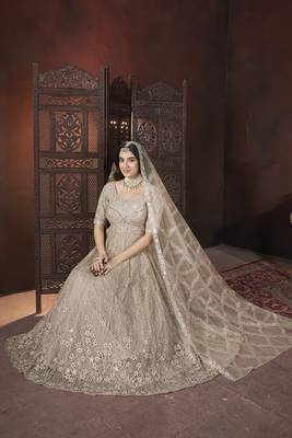 Beige thread embroidered work with zarkan net anarkali salwar suit palazzo with dupatta fstive stitched long gown 4