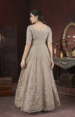 Beige thread embroidered work with zarkan net anarkali salwar suit palazzo with dupatta fstive stitched long gown 5