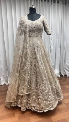 Beige thread embroidered work with zarkan net anarkali salwar suit palazzo with dupatta fstive stitched long gown 6