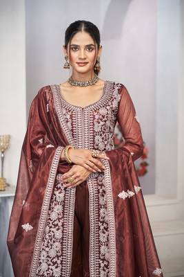 Brown dori with sequince embroidery twill net festive palazzo straight pakistani salwar suit dupatta semi stitched 3