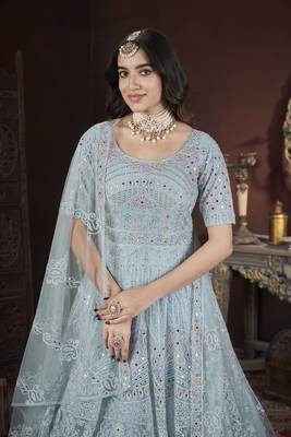 Sky blue thread embroidered work with zarkan net anarkali salwar suit palazzo with dupatta fstive stitched long gown 3