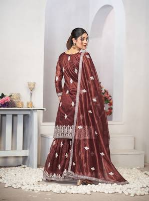 Brown dori with sequince embroidery twill net festive palazzo straight pakistani salwar suit dupatta semi stitched 4