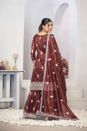 Brown dori with sequince embroidery twill net festive palazzo straight pakistani salwar suit dupatta semi stitched