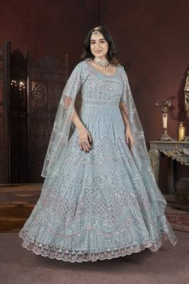 Sky blue thread embroidered work with zarkan net anarkali salwar suit palazzo with dupatta fstive stitched long gown 4