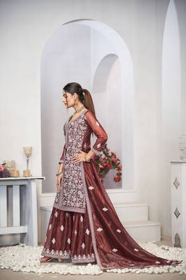 Brown dori with sequince embroidery twill net festive palazzo straight pakistani salwar suit dupatta semi stitched 5
