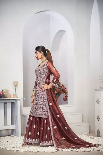 Brown dori with sequince embroidery twill net festive palazzo straight pakistani salwar suit dupatta semi stitched